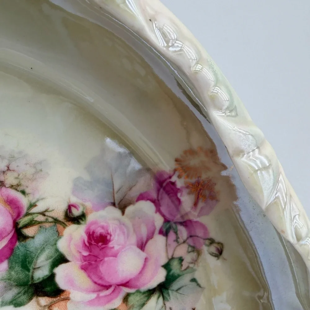 VTG German Porcelain Oval Celery Dish / Relish Tray Pink Roses and Gold accents